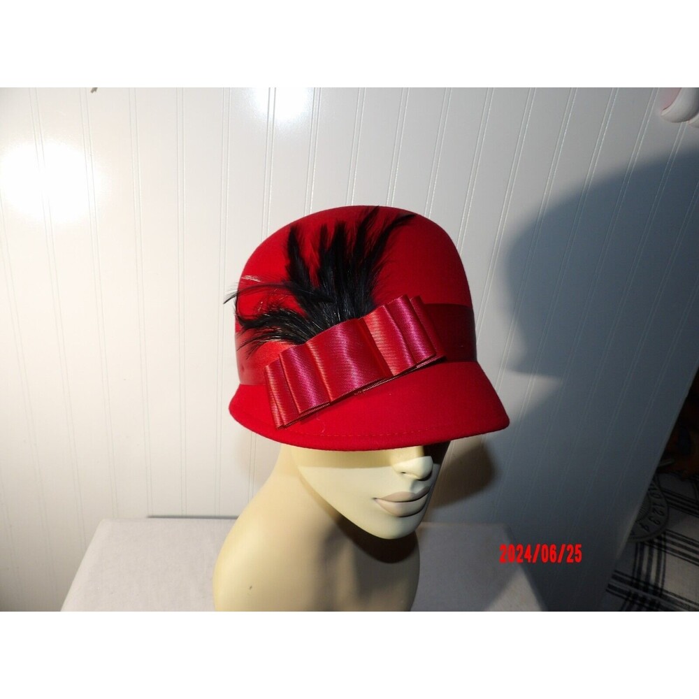 Sur la tete Red 100% Wool Cloche Hat with Black Feather & Wide Red Ribbon‎